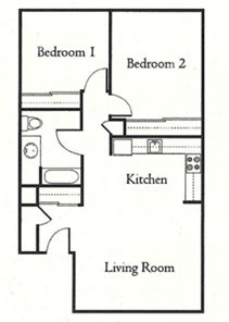 Floor plan for 2 beds, 1 bath, 900 sqft